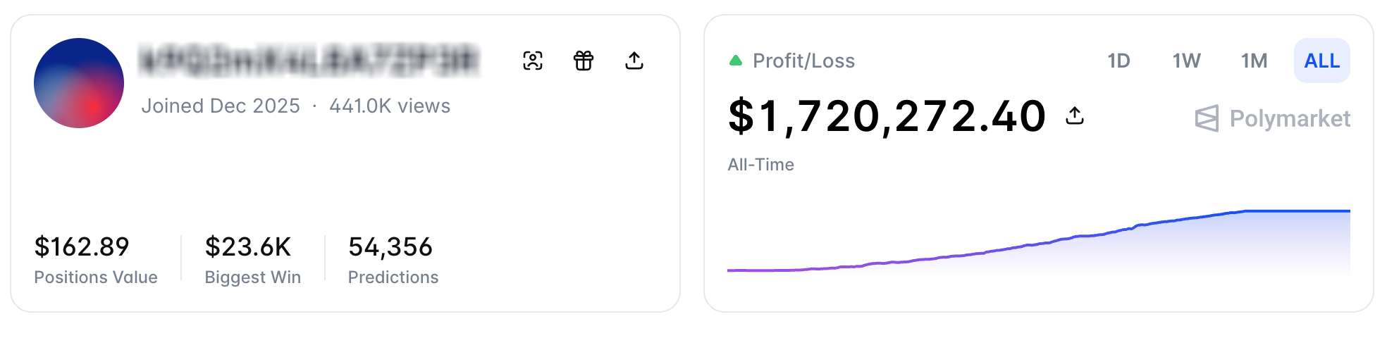 Redacted Polymarket trader profile used to illustrate how to find a copied wallet.